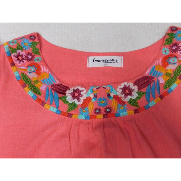 Impressions Embroidered Boho Top Birds Flowers Sz. L Coral Pink Naturecore - Picture 5 of 7
